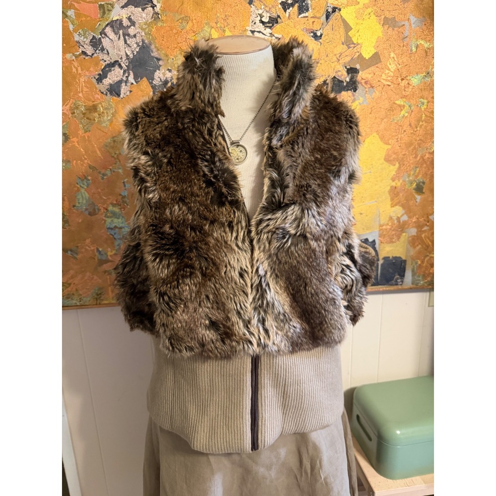 Vintage Powder River Outfitters Panhandle Slim Faux Fur Knit Hem Vest Brown XXL